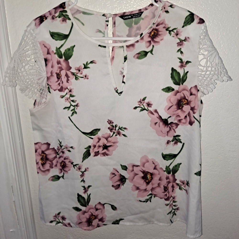 Shein white flower blouse